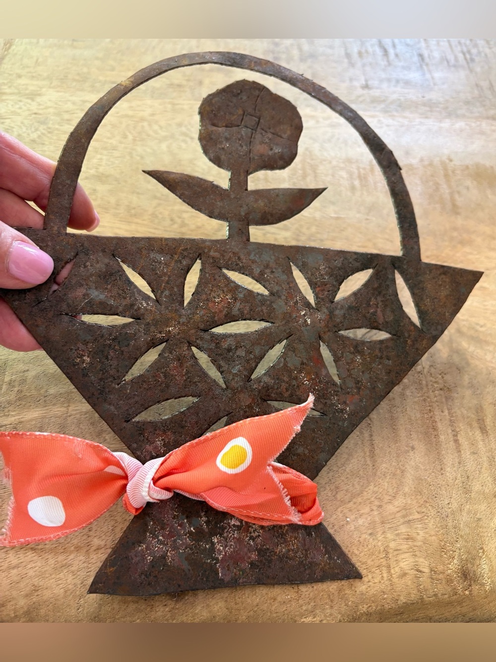 Rustic Sheet Metal Flower Basket Wall Accent with Orange Bow - Picture 2 of 8